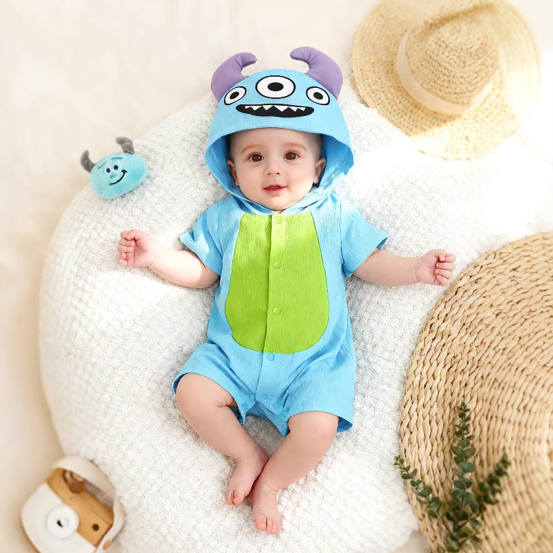 Cotton Baby Onesies Zipper - 新生児用ブルーモンスターロンパース 半袖フード付きボディスーツコスチューム ジャンプスーツ ワンピース 幼児用サマープレイスーツ