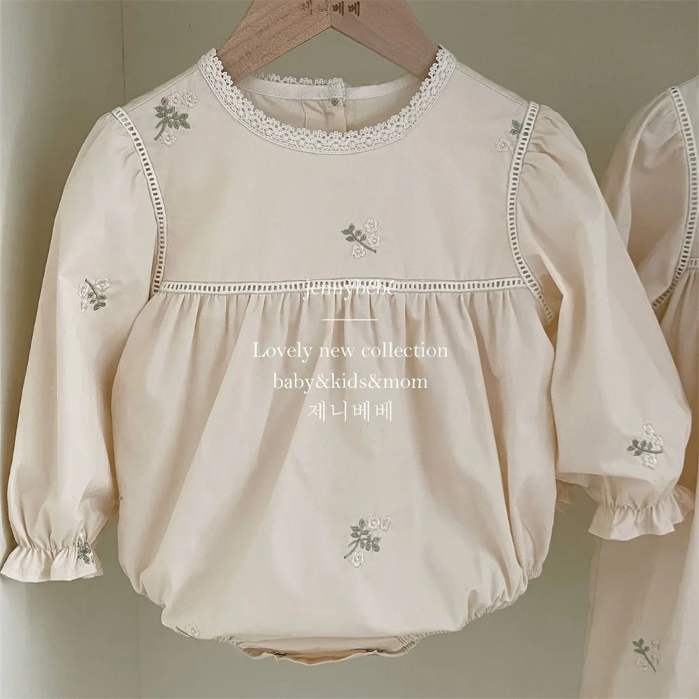 Newborn Baby Girl Romper Floral - 女の赤ちゃん刺繍花ロンパース長袖ベビーカバーオール幼児レースジャンプスーツ幼児新生児ワンピースベビー服