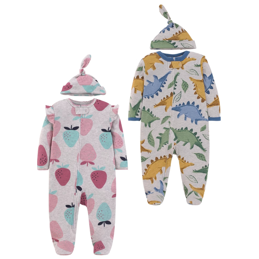 Cotton Baby Onesies Zipper - 新生児用ピュアコットンロンパースパジャマ、漫画プリントのワンピース、長袖ジッパー付きフッティーロンパース、柔らかく快適な幼児用カジュアルパジャマ