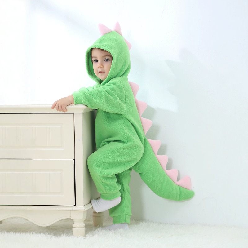 Cotton Baby Onesies Zipper - 新生児用グリーン恐竜ロンパース フード付きボディスーツ ジャンプスーツ オンジー 幼児用暖かいプラッシュフリース 冬用ジッパー付きプレイスーツ
