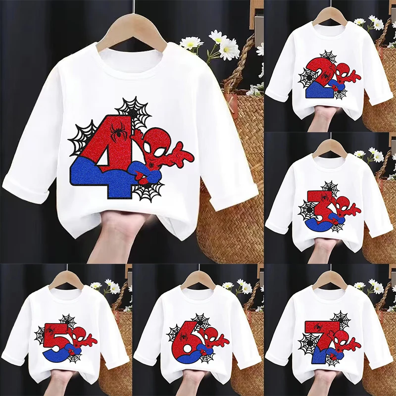 Baby Clothes - 新作 スパイダーマン柄 長袖Tシャツ、子供用、誕生日や数字をプリントしたカジュアルなスポーツトップス、男の子用ベビー服。