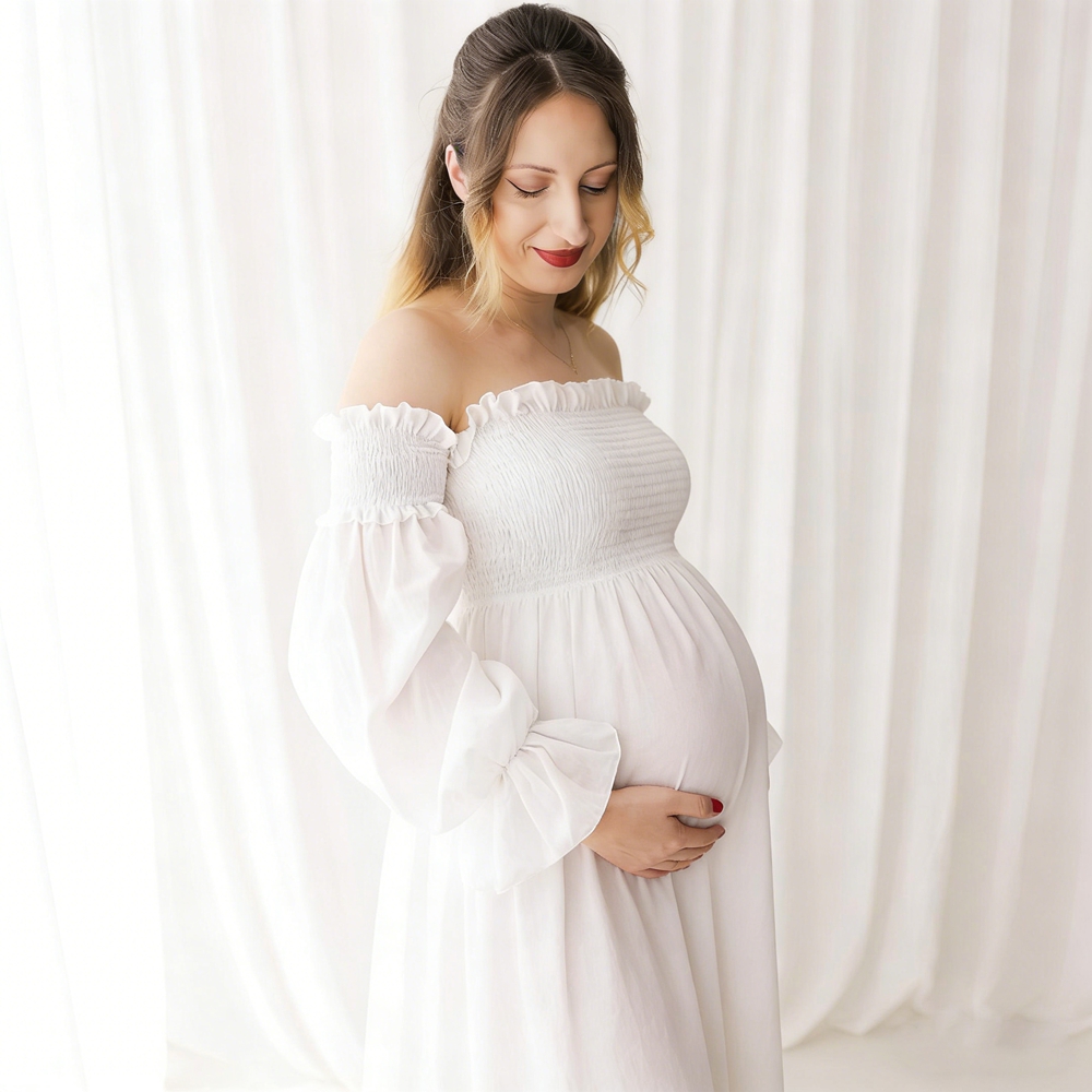 Maternity Wear - マタニティドレス写真撮影用ホワイトオフショルダーフリルパフスリーブスモックガウンロング妊婦写真撮影衣装ベビーバンプ
