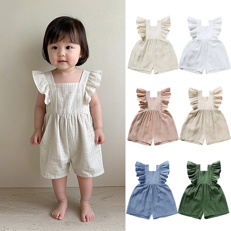 Baby Summer Linen Sleeveless Jumpsuit - 夏用ベビー服 ユニセックス 女の子用ロンパース リネン カジュアル 女の子用オーバーオール