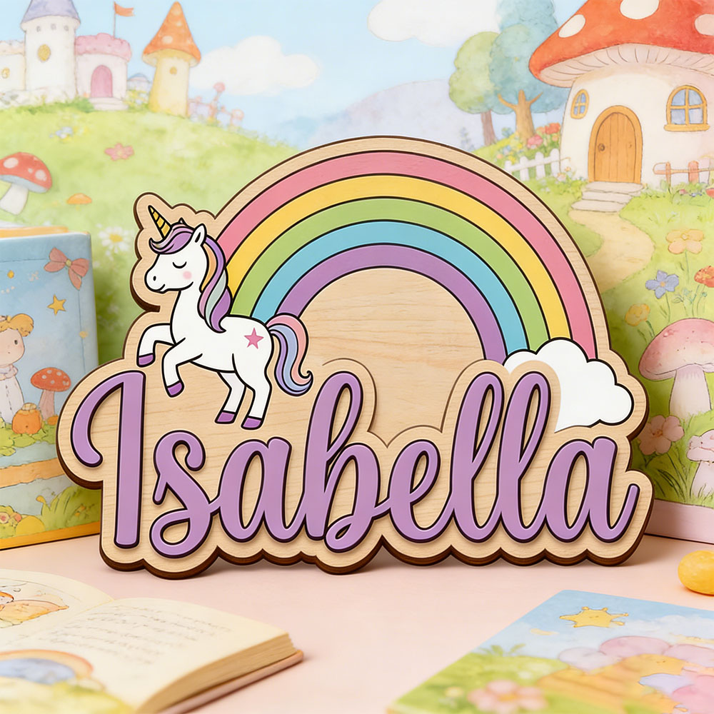 Nursery - ユニコーン＆パステルレインボー カスタムネームサイン 魔法の保育園ウォールアート 子供部屋用木製飾り板