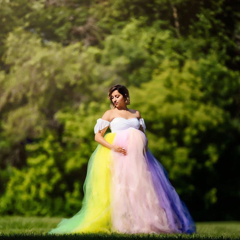 Maternity Wear - ヨーロッパとアメリカの女性用ウェア、レースとメッシュのマタニティトレーンショートスリーブマキシドレス、写真撮影用ドレス、若い妊婦向け