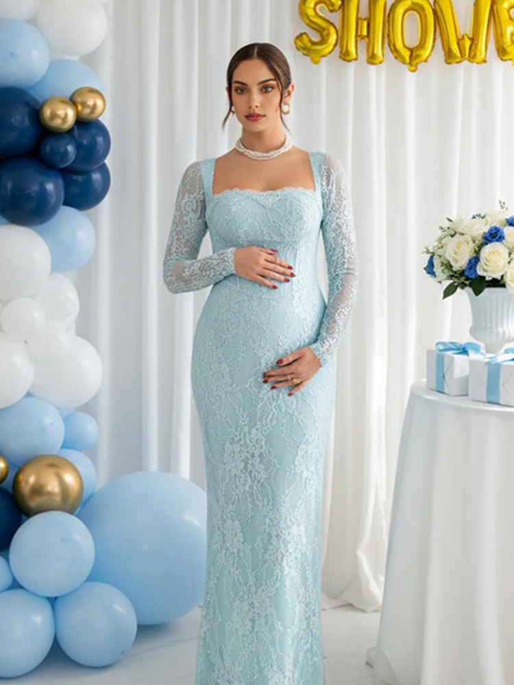 Maternity Wear - レースマタニティフォトシュートドレス長袖シースルーマキシガウンエレガントな妊娠服ベビーシャワー性別発表着用