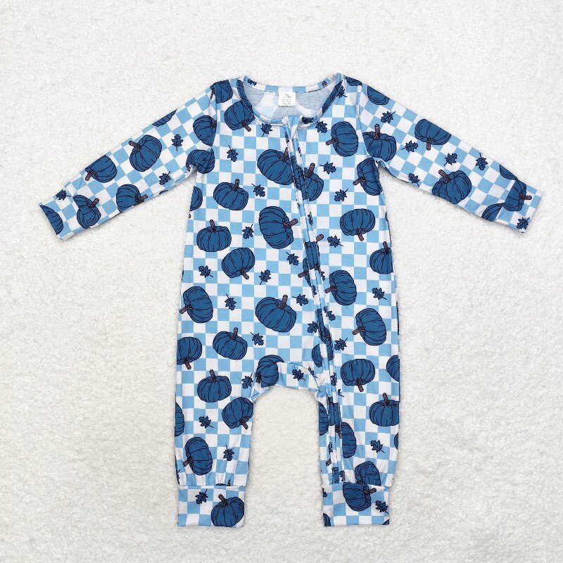 Cotton Baby Onesies Zipper - 8.21 バンブーフライ ブルーパンプキンリーフ チェック柄 ジッパー付き 長袖ロンパース