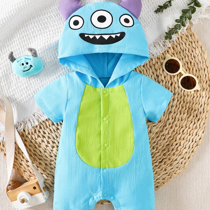 新生児用ブルーモンスターロンパース 半袖フード付きボディスー - Cotton Baby Onesies Zipper のレビューと価格