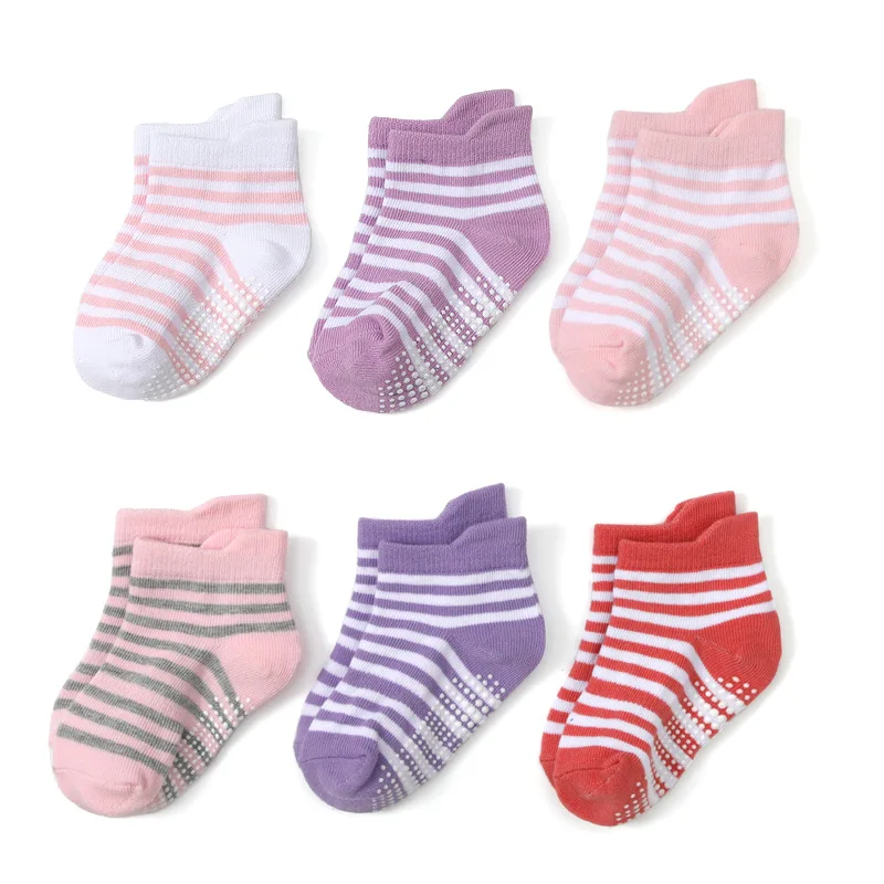 6足組ベビーフロアソックス ストライプ柄 通気性のあるコット - Unisex Baby Socks Non Slip のレビューと価格