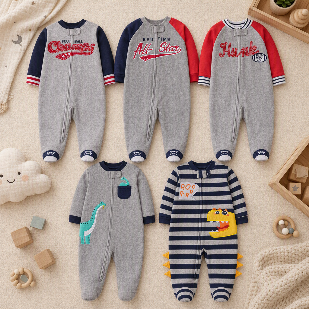 幼児男の子用両面コットン足つきロンパース、ストライプ柄と漫画 - Cotton Baby Onesies Zipper のレビューと価格